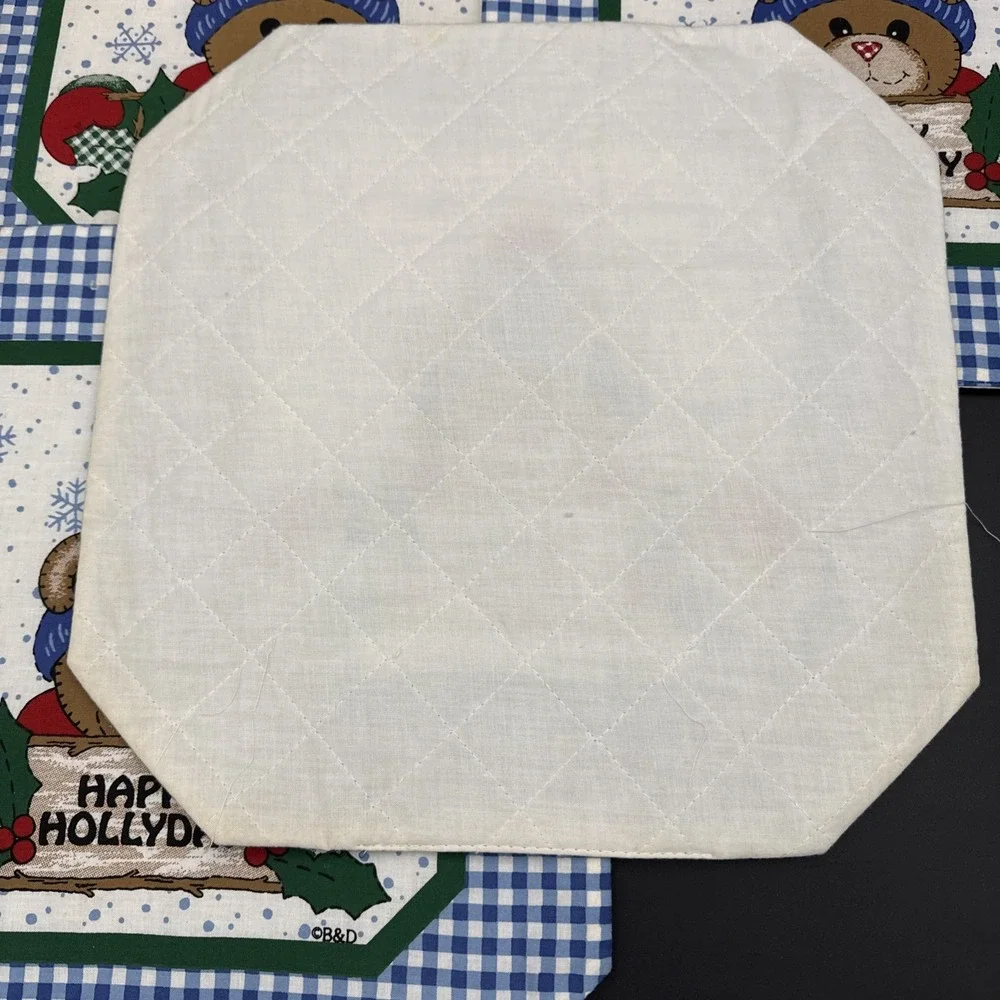Vintage Quilted Placemats (4) Bear Blue Border B&D Cottage Core Christmas